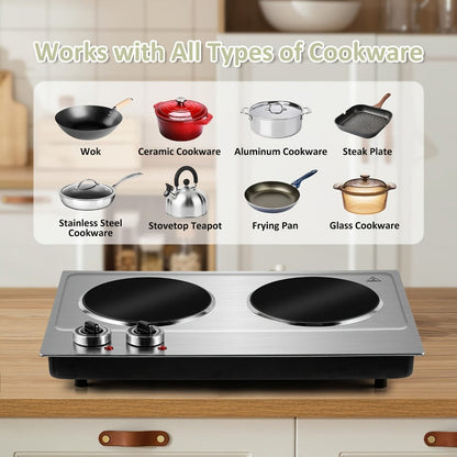 Electric Infrared Cooktop Double Burner Hot Plate, 1800W Portable Dual Temperature Control, Easy-Clean Smooth Surface