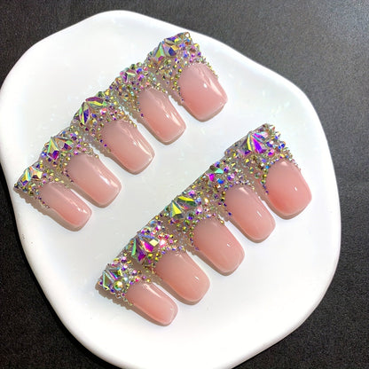 Press On Nails 10-Piece Long Duckbill Set with Nude French Tips, AB Diamond Finish and Nail Tools