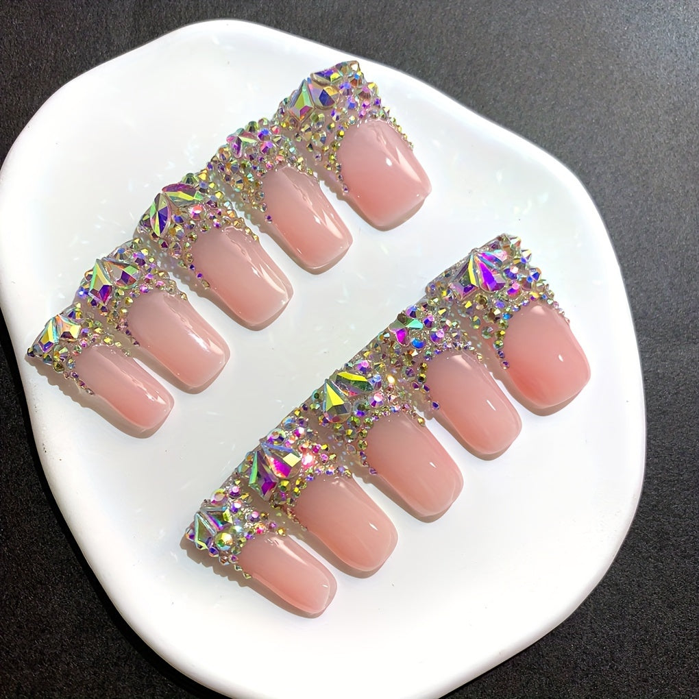 Press On Nails 10-Piece Long Duckbill Set with Nude French Tips, AB Diamond Finish and Nail Tools