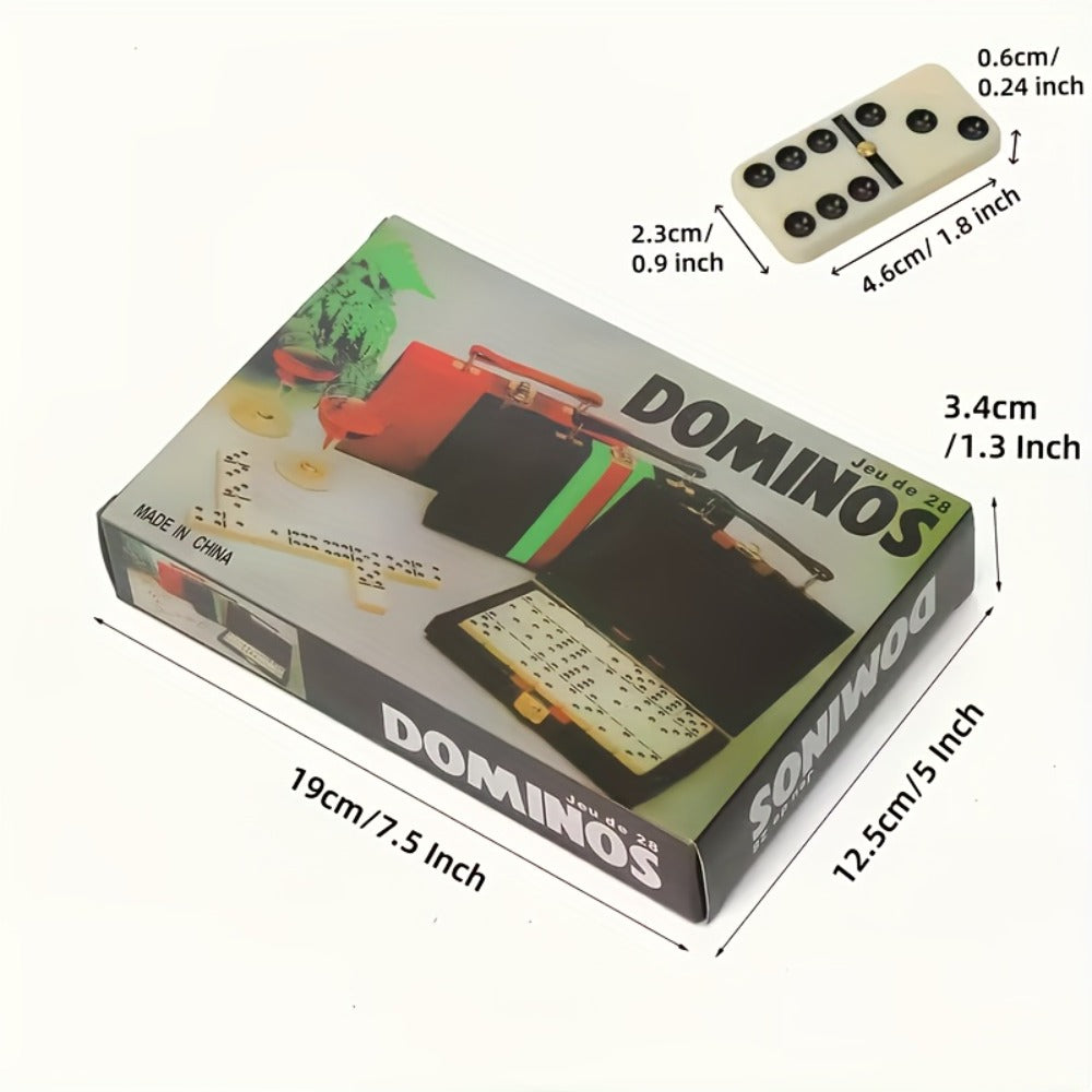 Domino Set 28 Tiles Classic Black with Leather Case – Durable Plastic Dominoes Portable Storage Box for Family Games Party Group Play