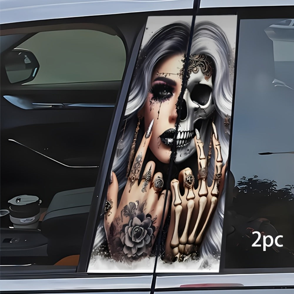 Two-Piece Car B-Pillar Decal Set with Split Skull Portrait Artwork, 48 × 25 cm Flat Sticker Pair