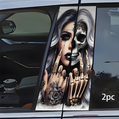 Two-Piece Car B-Pillar Decal Set with Split Skull Portrait Artwork, 48 × 25 cm Flat Sticker Pair
