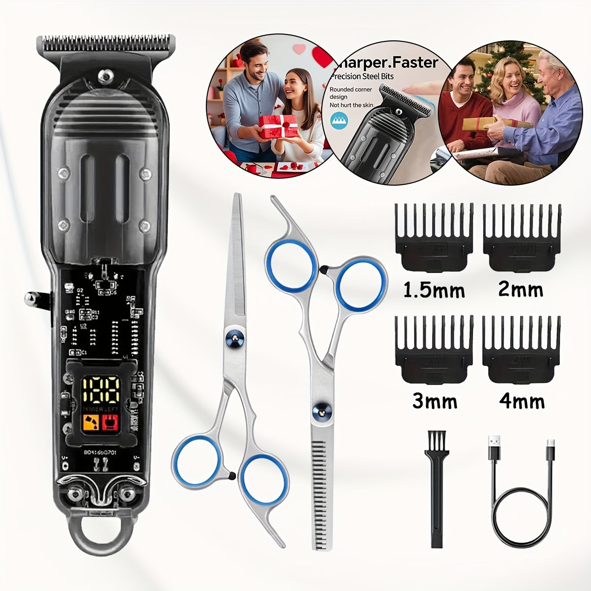 Hair Clippers & Trimmers Transparent LCD Kit with Full-Size Clipper, T-Blade Detailer, Foil Shaver and Type-C Charging