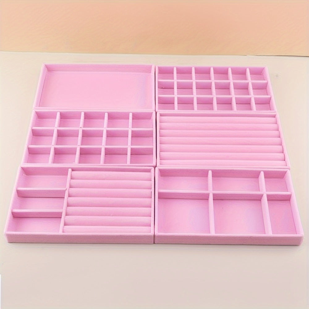 Stackable Jewelry Organizer Trays 6-Piece Set – Rectangular Multi-Compartment Drawer Inserts with Removable Dividers for Earrings, Rings