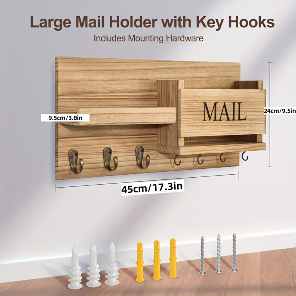 Wall Mounted Storage Rack with Mail Slot – Rustic Wood Floating Shelf with Hooks for Keys, Hats & Envelopes