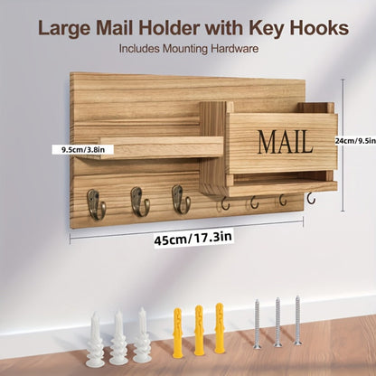 Wall Mounted Storage Rack with Mail Slot – Rustic Wood Floating Shelf with Hooks for Keys, Hats & Envelopes