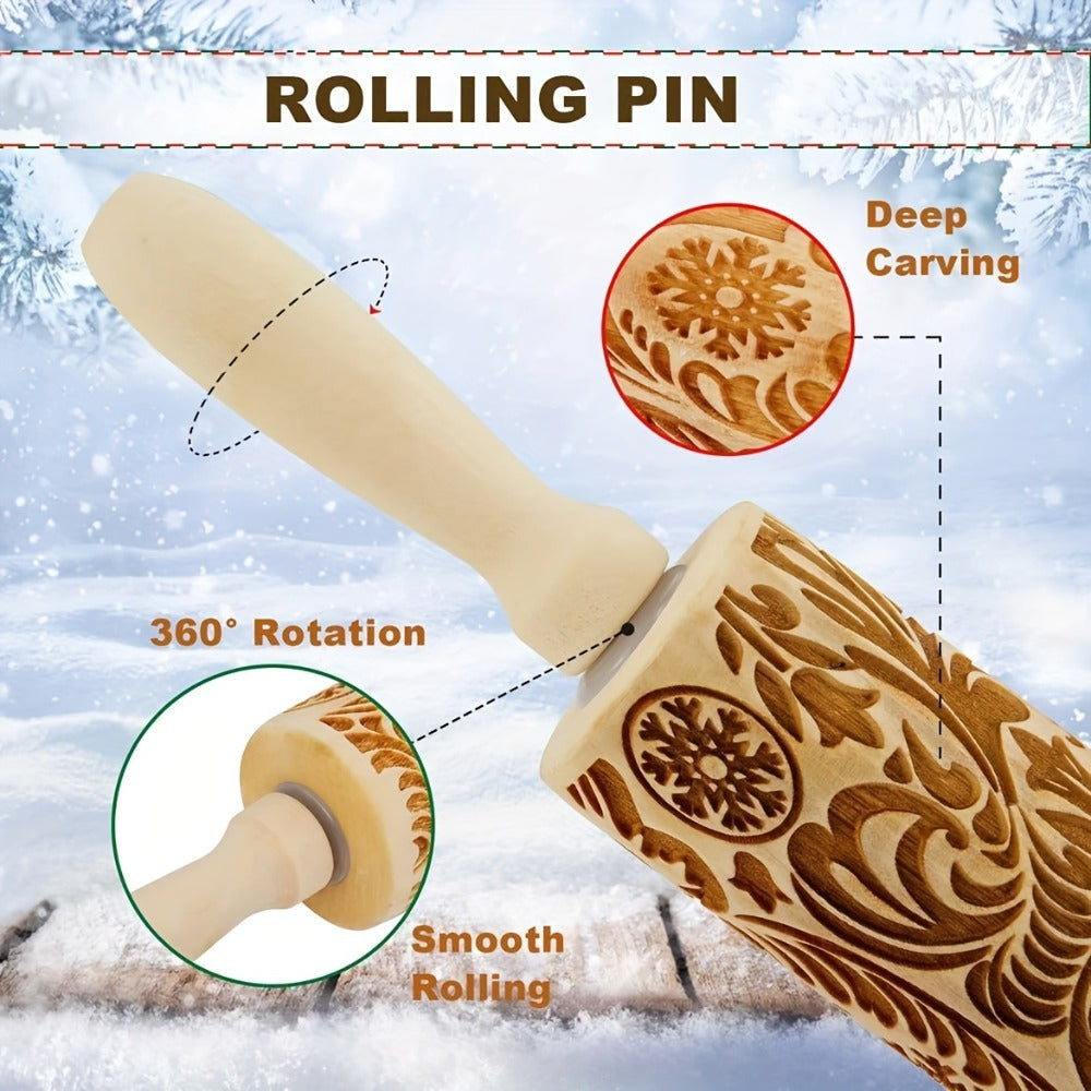 Embossed Wooden Rolling Pin with Engraved Pattern, Decorative Patterned Rolling Pin for Cookie Baking