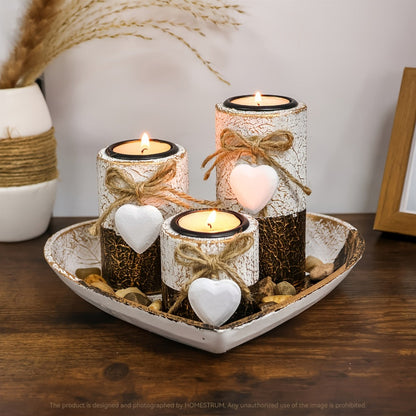 Wooden Candle Holder Set of 4, Love Heart Tray, Tea Light Holder, Knot Bow Decoration & Decorative Stone Bowl for Home Decor