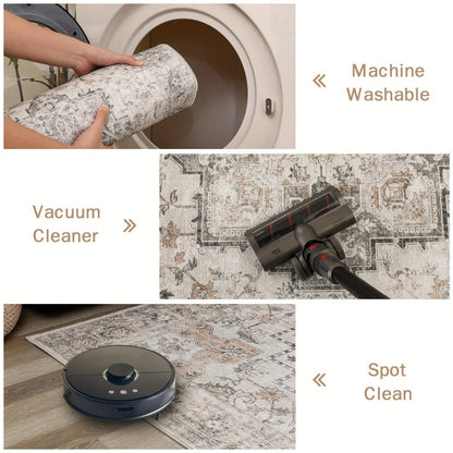 Runner Rug Machine Washable Non-Slip Vintage Hallway Area Rug Low Pile Lightweight Boho Floral for Entryway Kitchen Corridor Light Taupe