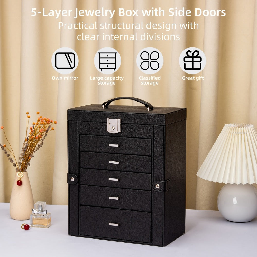 Jewelry Organizer 6-Tier Brown Storage Box with 5 Drawers, Built-In Mirror and Key-Lock Closure