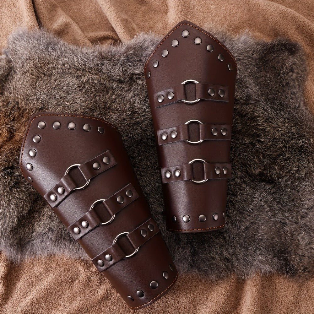 Medieval Arm Bracers 2pcs PU Leather Gauntlet Wristbands for Men, Renaissance Knight Warrior Viking Cosplay Costume Prop for Halloween LARP