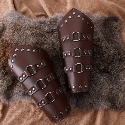 Medieval Arm Bracers 2pcs PU Leather Gauntlet Wristbands for Men, Renaissance Knight Warrior Viking Cosplay Costume Prop for Halloween LARP