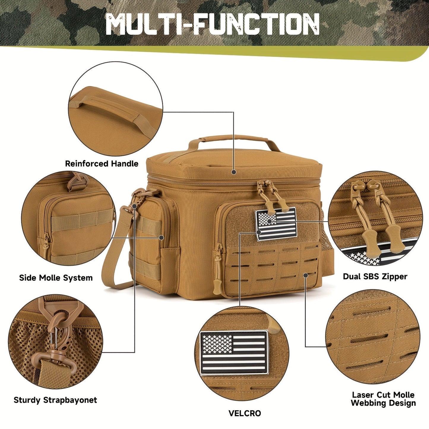 13L Tactical Lunch Bag Tote with MOLLE Front Panel, Multiple Pockets, Shoulder Strap and Three Colors