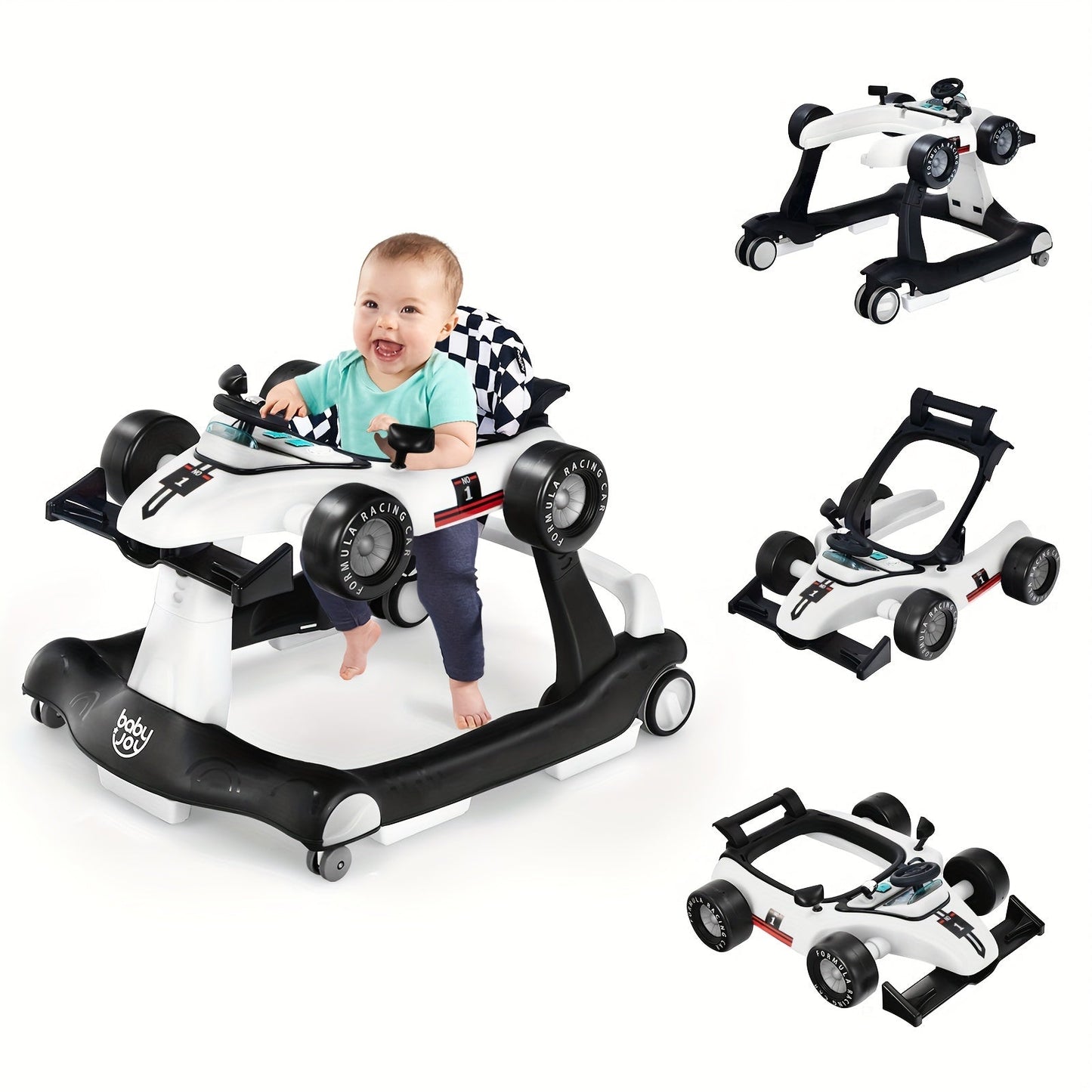 4-in-1 Foldable Baby Walker with Activity Toy Tray & Adjustable Height, Sit-to-Stand Push Walker for Infants & Toddlers