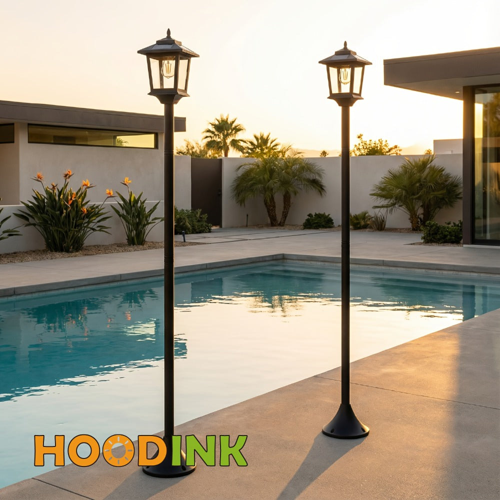 Solar Garden Light HOODINK Black Lamp Post 2-Pack with Solar Panel, Automatic Light Sensor and Freestanding Pole Installation