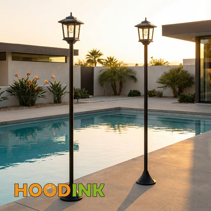 Solar Garden Light HOODINK Black Lamp Post 2-Pack with Solar Panel, Automatic Light Sensor and Freestanding Pole Installation