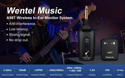Wireless In-Ear Monitor System 2.4GHz IEM 270° Rotatable Transmitter Auto-Pairing for Bedside Audio, Alarms and Room Entertainment