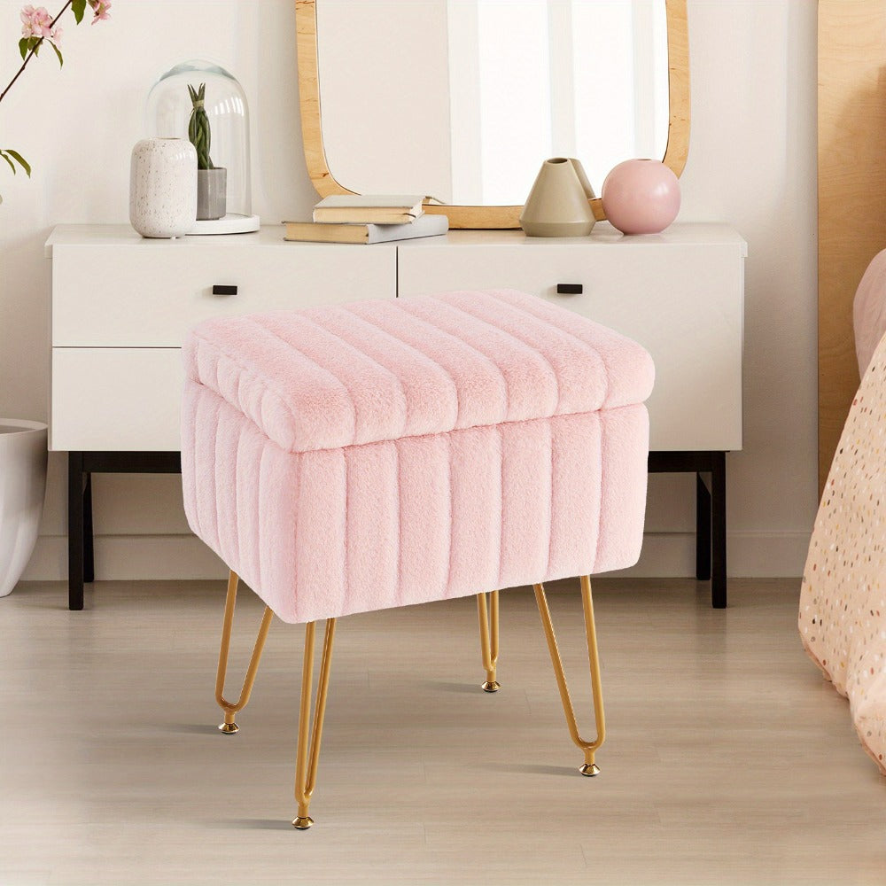 Faux Fur Storage Ottoman Stool, Furry Vanity Seat with Storage, 4 Metal Legs & Feet, Cute Modern Multi-Function Chair for Bedroom