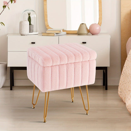 Faux Fur Storage Ottoman Stool, Furry Vanity Seat with Storage, 4 Metal Legs & Feet, Cute Modern Multi-Function Chair for Bedroom