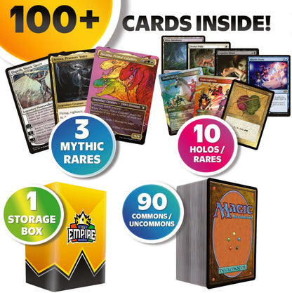 MTG 100 Card Collector Bundle, Magic The Gathering 3 Mythic Rares + 10 Rares or Foils + TCG Storage Box