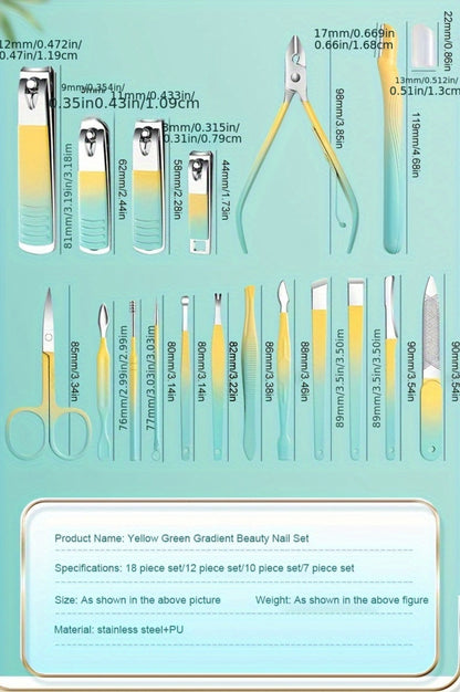 Eighteen-Piece Manicure and Pedicure Kit with Gradient Case, Clippers, Scissors, Files and Pushers