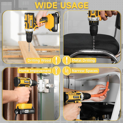 Cordless Impact Drill Set 12V / 21V Electric Drill Kit, 45Nm Torque, 2-Speed, Keyless Chuck, LED Light