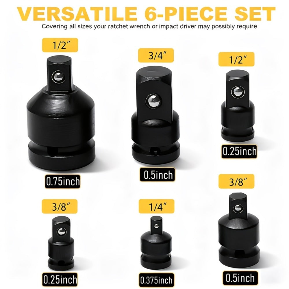 Impact Adapter & Reducer Set 6-Piece – 1/4" 3/8" 1/2" 3/4" Female-to-Male Air Square Drive Conversion Tool | Chrome Molybdenum Steel