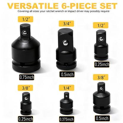 Impact Adapter & Reducer Set 6-Piece – 1/4" 3/8" 1/2" 3/4" Female-to-Male Air Square Drive Conversion Tool | Chrome Molybdenum Steel