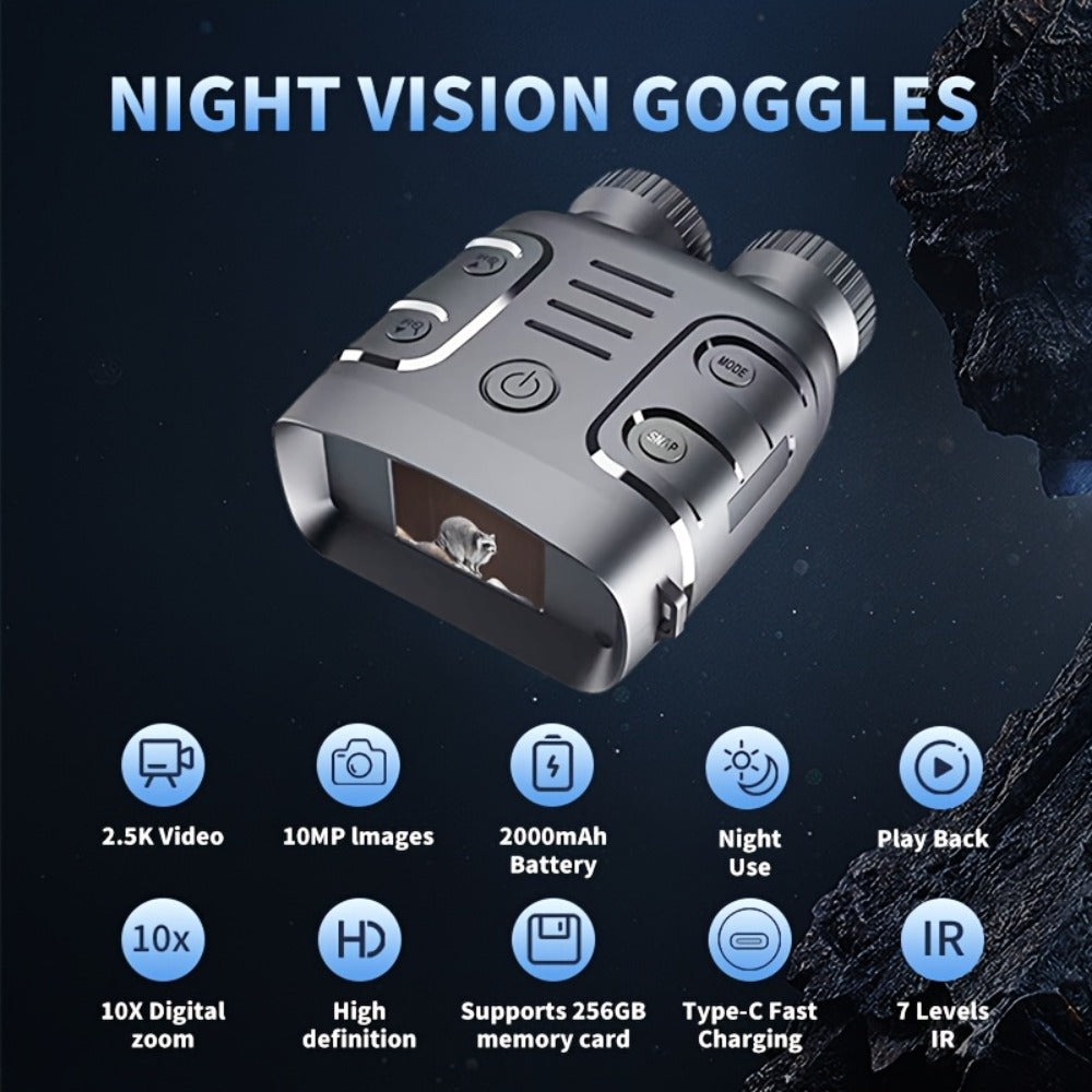 Infrared Night Vision Goggles HD 2.5K with 10X Zoom & CMOS Sensor – Full-Dark Visibility Binocular Scope for Hunting