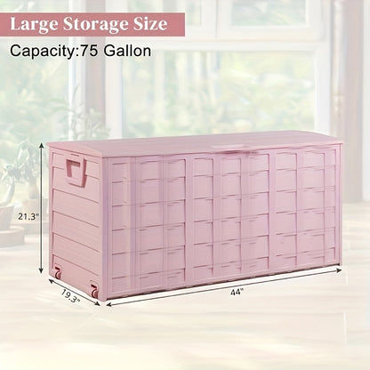 75-Gallon Outdoor Deck Storage Box with Hinged Lid, Side Handles and Pink or Green Options