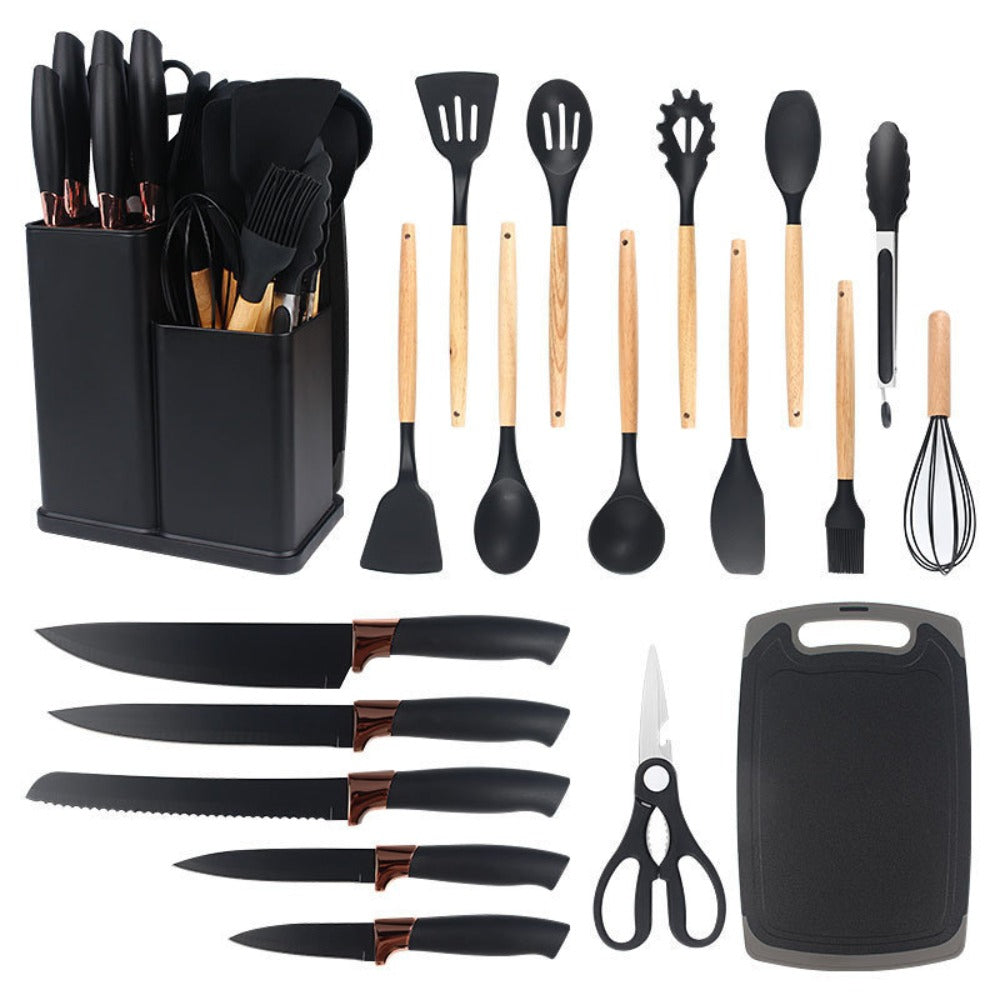 19-Piece Non-Stick Silicone Cookware Set with Bamboo Storage, Knives & Wooden Handle, Pots, Pans & Utensils for Induction & Oven