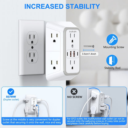 Outlet Splitter Wall Expander 10-in-1 with 6 AC Outlets 2 USB-A 2 USB-C Ports 3-Sided Plug for an Everyday Personal Care Routine