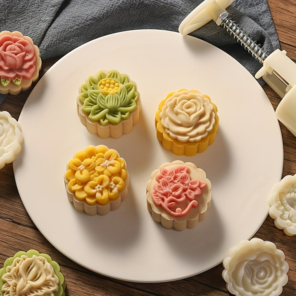 Mooncake Mold 7pcs Set, 50g Hand Press Moon Cake Maker with 6 Flower Pattern Stamps, Mid-Autumn Festival Cookie Stamp Pastry Tool