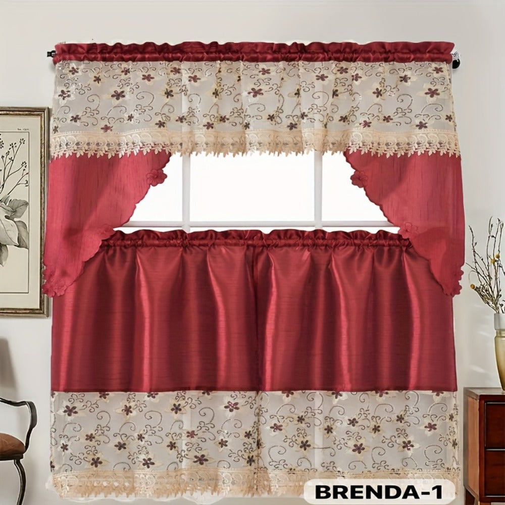 Kitchen Curtains 3 Piece Set Embroidered Satin Valance and Tiers – Rod Pocket Light Filtering Machine Washable 46 Colors