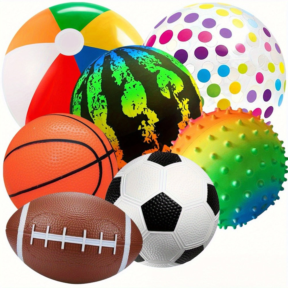 Kids Playground Ball Set 7-Pack with Air Pump, 10.6 Inch Outdoor Ball Plus 6-Inch Basketball Football Rugby