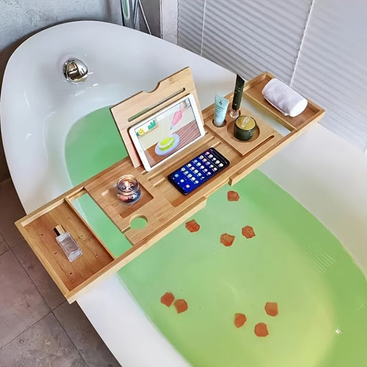 Bamboo Bath Caddy Tray with Adjustable Reading Rack - Expandable Bathtub Tray, Space-Saving Bathtub Organizer for Books