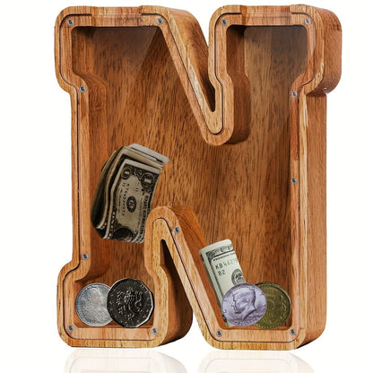 Personalized Wooden Piggy Bank for Kids – A-Z Alphabet Letter Initial Coin & Bill Savings Bank for Boys & Girls