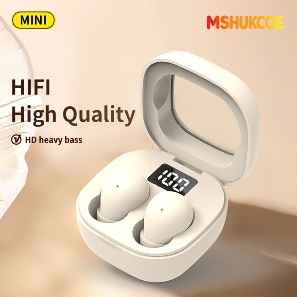 Wireless Earbuds MSHUKCOE Ultra-Thin Sleep and Game Modes with Compact Case in Khaki or White