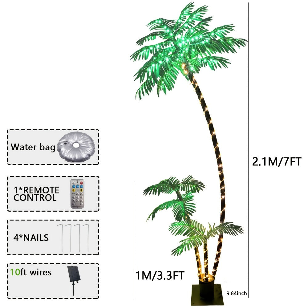 Solar Powered Artificial Palm Tree 7ft Triple Trunk 260 LED Lights 8 Modes Dimmable Timer for Entryways, Bedrooms and Living Spaces