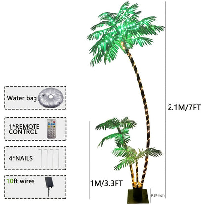Solar Powered Artificial Palm Tree 7ft Triple Trunk 260 LED Lights 8 Modes Dimmable Timer for Entryways, Bedrooms and Living Spaces