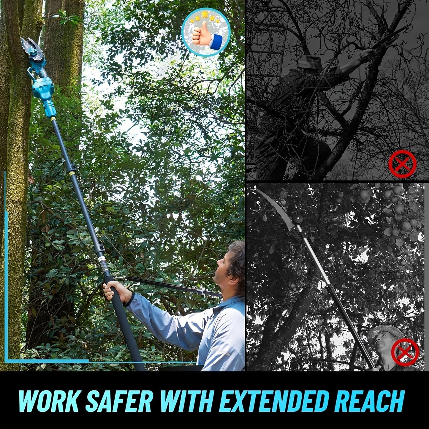 Blue 6-Inch Cordless Pole Saw with 2.0Ah Battery Label, 4.6–10 Foot Extension and Two Package Options
