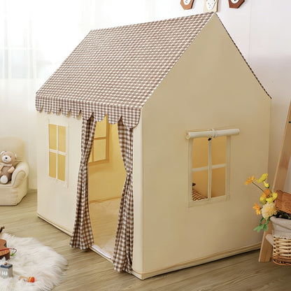 Brown Gingham Cabin Kids Play Tent with 130 x 120 x 106cm Frame, Three Windows and Storage Pouch