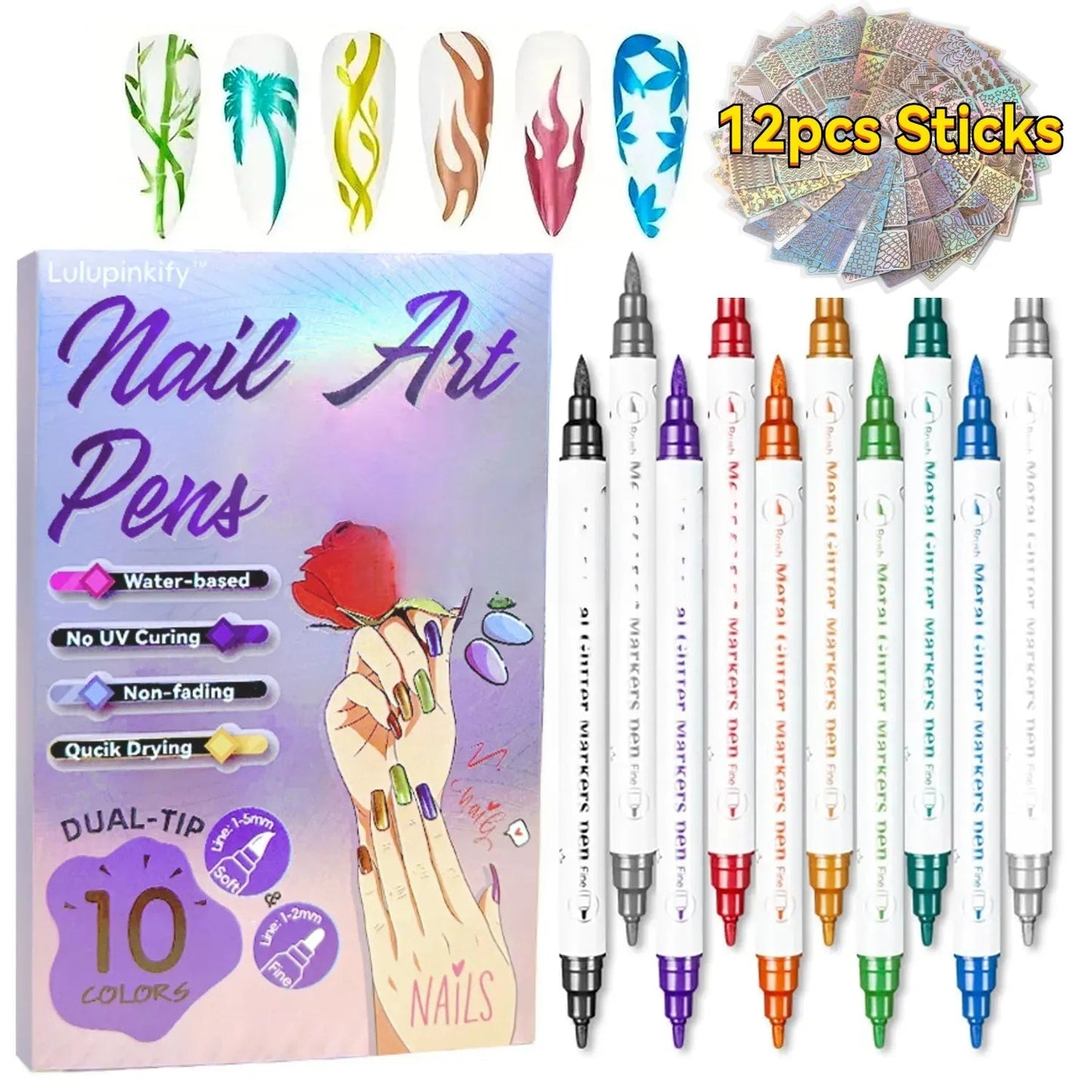 Nail Art Pens Set 10 Metallic Colors with 12pcs Nail Stickers – Dual-Headed 3D Acrylic Polish Markers for Doodle Dot Line Stitching Graffiti