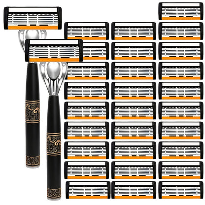 Men's Razor 6-Layer Blade Refill Kit with Handle Smooth Precise Shaving – Multiple Options 6 12 24 30 36 Blades Cartridge Razor