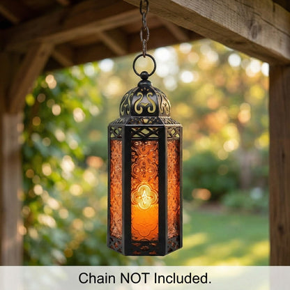 Moroccan Candle Lantern Holder - Decorative Metal & Glass Lantern with Embossed Floral Design for Indoor Home Decor