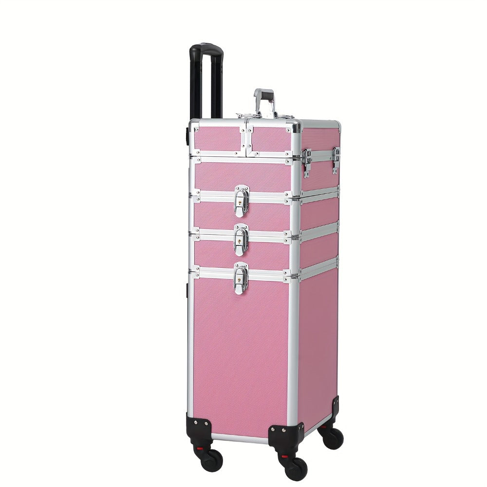 Rolling Makeup Case Aluminum 4-in-1 Extra Large Professional Cosmetic Trolley with 360° Swivel Wheels for Makeup Artist Tattoo Artist Salon