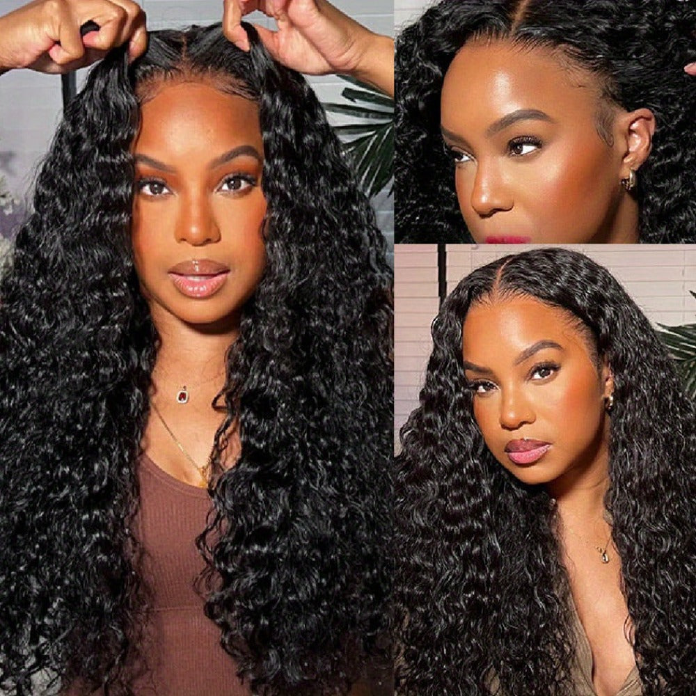 Lace Front Wig Deep Wave Human Hair, 28- or 34-Inch Natural Black with 13x4 HD Front and 250% Density