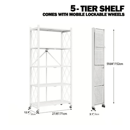 Three-to-Five-Tier Foldable Storage Rack with Carbon Steel Frame, Lockable Wheels and Three Colors