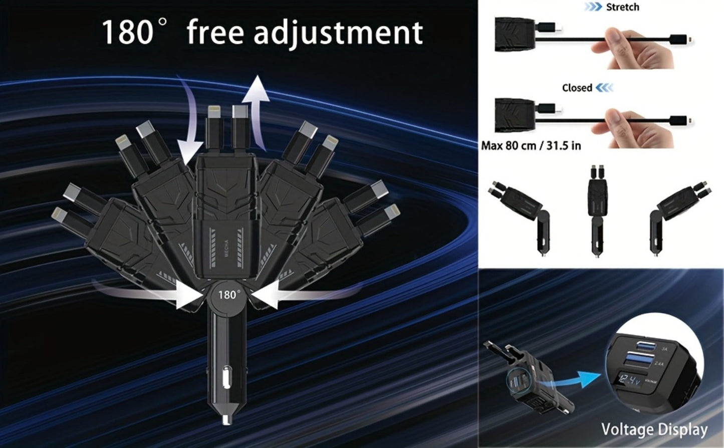 Dual Retractable Cable Car Charger 4-in-1 with Lightning & Type-C 31in, 2 USB-A Ports & Voltage Supervision