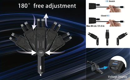 Dual Retractable Cable Car Charger 4-in-1 with Lightning & Type-C 31in, 2 USB-A Ports & Voltage Supervision